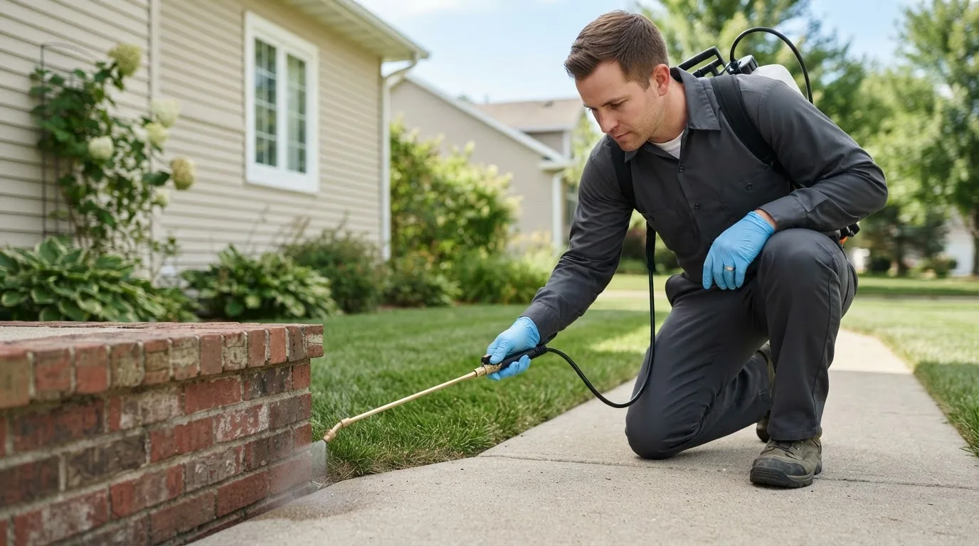 Pest control technician treating a home near Chaseley, ND